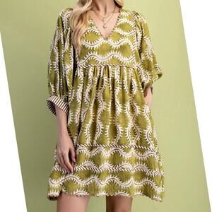 NEW Gigio USA Olive Green Abstract Print Boho Mini Swing Dress Spring Sz Large
